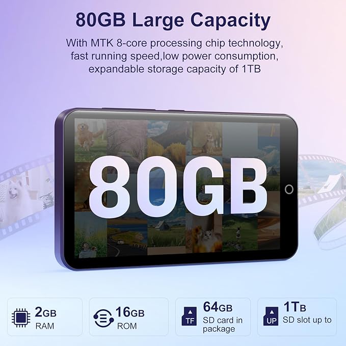 80GB MP3 Player with Bluetooth and WiFi, Android MP3 & MP4 Players with 4" Touchscreen and Speaker, Spotify Music Player with FM Radio, Audible, Amazon Music, Play Store (Purple)-StrideForce Fitness