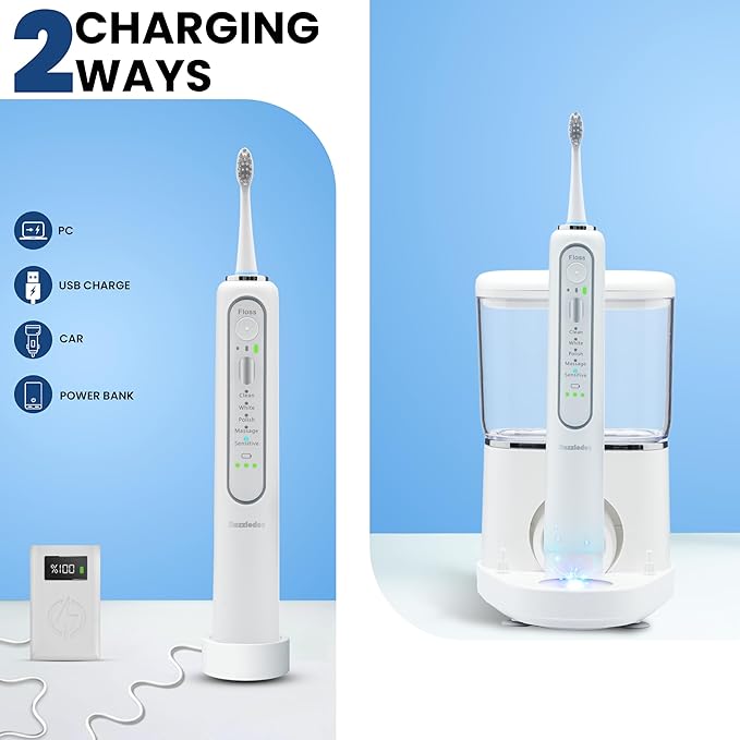 Electric Toothbrush and Water Flosser - Water Flossers for Teeth Electric Cleaning Brush with 5 Replacement Brush Heads, 5 Brush Modes, 17 Oz, 3 Stage Floss Tooth Brush 3 in 1 Teeth Cleaning Kit