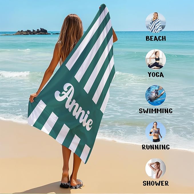 JML Personalized Beach Towel with Name, Custom Cabana Stripe Beach Towel, Customized Microfiber Pool Towel, Quick Dry & Absorbent Swim Towel for Adult,Mother's Day, Birthday, Summer Holiday,Vacation-StrideForce Fitness