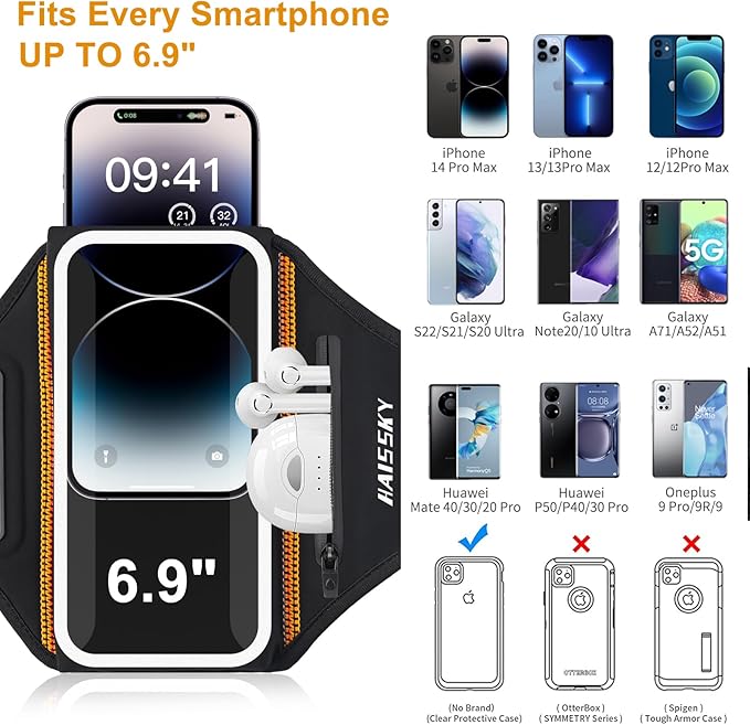 Running Armband with Earphone Bag Cell Phone Armband for iPhone 16 15 Pro 14 Plus 13 11 XR XS, Galaxy S24/S10 Water Resistant Sports Phone Holder Case & Zipper Slot Car Key Holder for 6.9 inch Phone-StrideForce Fitness