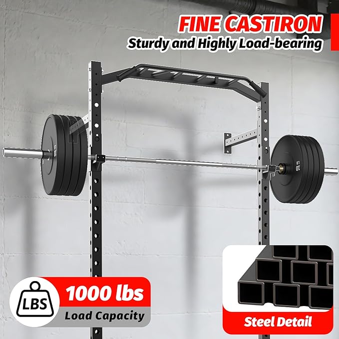 1600LB Wall Mounted Power Rack, Commercial Squat Rack for Home Gym with Multi-Grip Pull Up Bar, j-Cups & Landmine Attachment for Home and Garage Gym-StrideForce Fitness