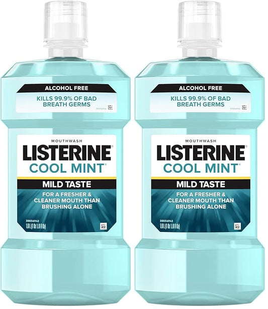 Listerine Alcohol-Free Mouthwash, Non Alcoholic Mint Oral Rinse Kills 99.9% of Germs That Cause Bad Breath for a Fresh Breath & Clean Mouth, Less Intense Taste, Cool Mint Flavor, 1 L (Pack of 2)