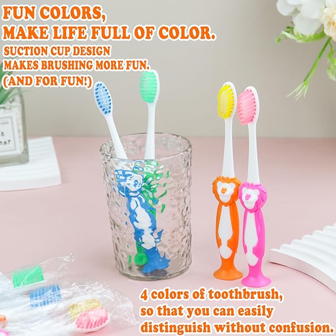 Disposable Toddler Toothbrushes - Pack of 20, Manual Suction Cup Bulk Kids Toothbrushes Individually Wrapped Animal Toothbrush for Home, School, Camp, Daycare, Travel