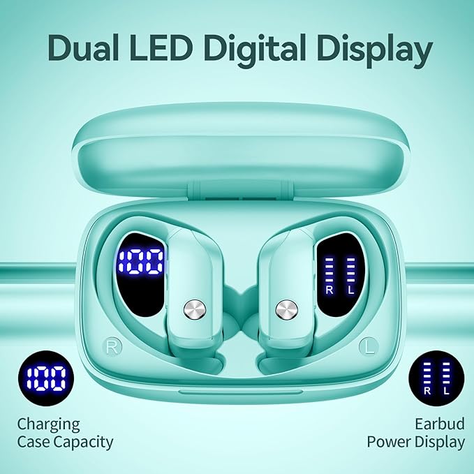 bmani Ear Buds Wireless Earbuds Bluetooth Headphones with 80H Playtime LED Display Case, Over-Ear Hook with Mic, Stereo Sound, Easy Button Controls, Sports Earphones for Running Workout Gym Mint Green-StrideForce Fitness