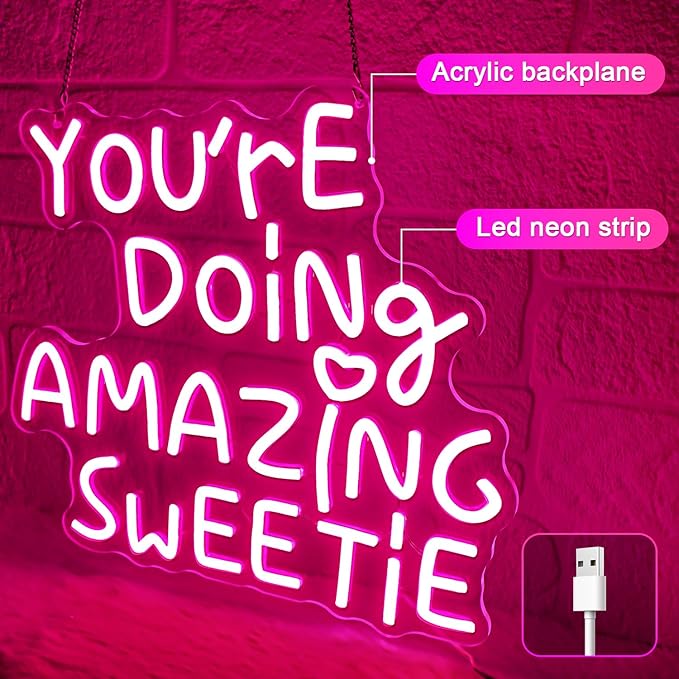 You're Doing Amazing Sweetie Neon Sign,Pink Led Neon Signs for Wall Decor,Dimmable Inspirational Letter Neon Lights USB Amazing Light Up Signs for Bedroom Classroom Party,Gift for Boys Girls-StrideForce Fitness