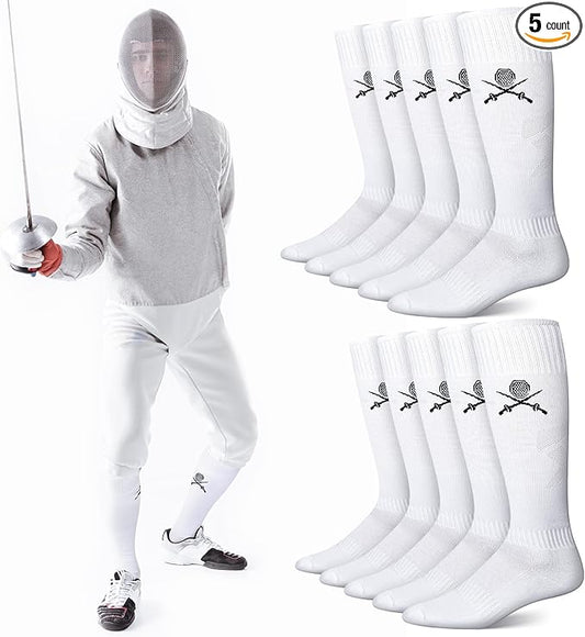 5 Pairs Fencing Socks for Epee Sabre and Foil White Cotton Knee High Socks Comfortable Support Athletic Stockings for Men Youth-StrideForce Fitness