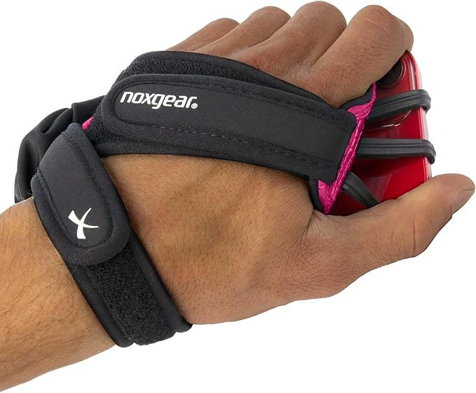 Noxgear Hand Held Phone Holder - Handheld Grip Phone Holder with Key Fob & Card Slot for Running, Jogging & Working Out - Compatible with All Phones - Machine Washable (Raspberry, Right Hand)