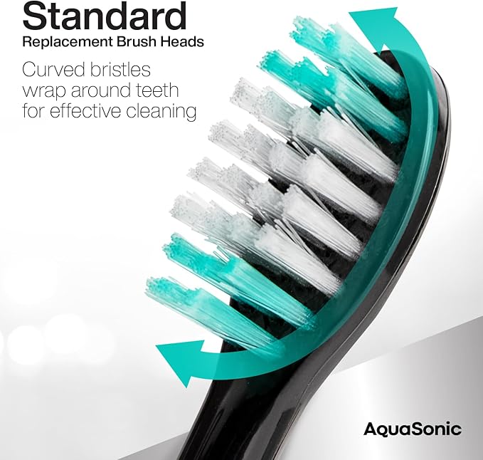 AquaSonic Standard Replacement Brush Heads | ADA Accepted | for Normal & Sensitive Teeth | Compatible with Many AquaSonic Toothbrush Handles (8 Pack Black)