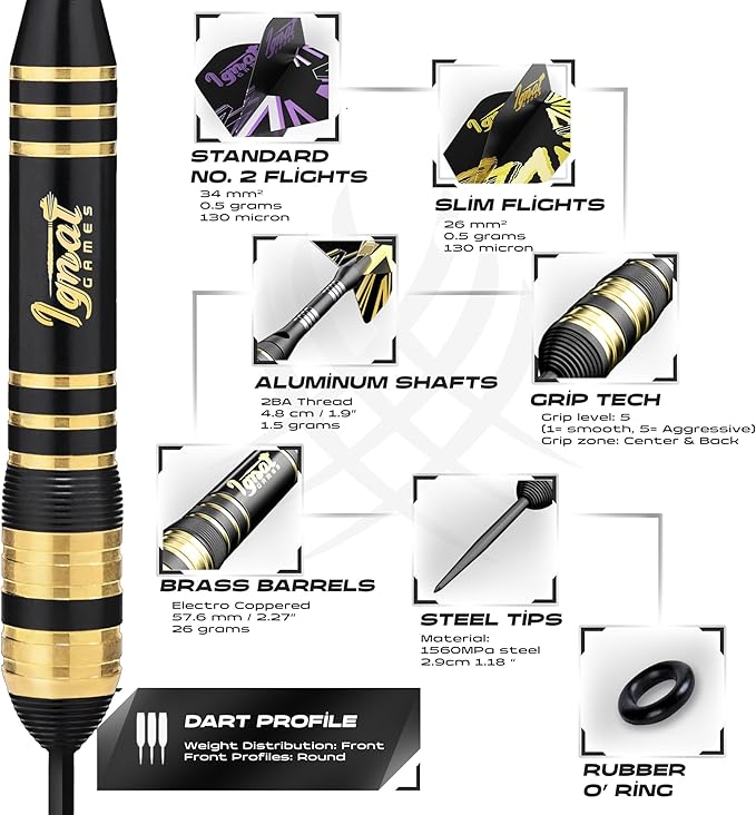 IgnatGames Premium Steel Tip Darts – 3/6/12 Pack Brass Barrels with Aluminum Shafts, 16 GlideXPro Flight Set, Tool Kit & Giftable Case-StrideForce Fitness