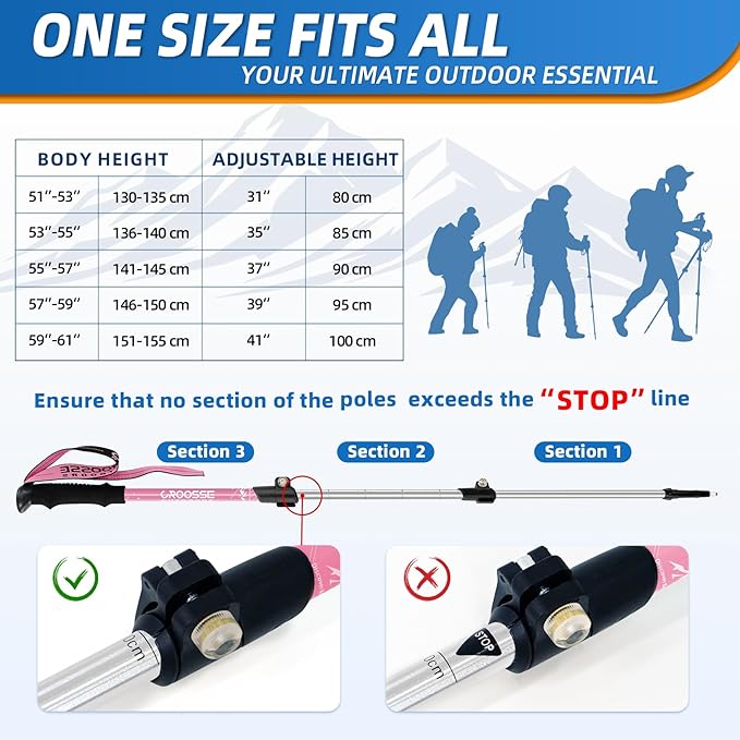 Lightweight Collapsible Kids Hiking Poles - Retractable Kids Hiking Stick, Telescoping Aluminum Trekking Poles 2 Pack, Adjustable Kids Ski Poles by Croosse-StrideForce Fitness