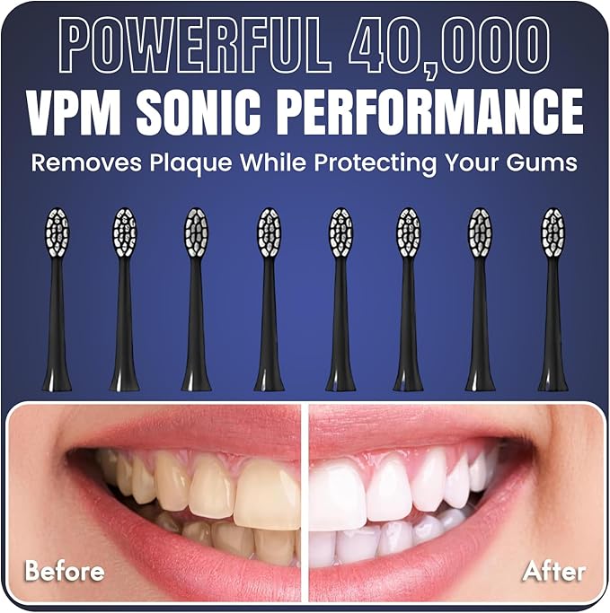 Electric Toothbrush with 8 Soft Bristle Heads for Adults, Pressure Sensor, 5 Modes with 2 Minutes Build in Smart Timer, Rechargeable Travel Toothbrush with Brush Hold and Tongue Scrapper