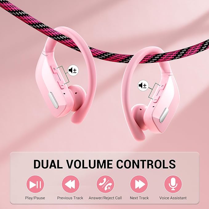 Wireless Sport Earbuds Bluetooth Headphones with Mic 80H Playtime IPX5 Waterproof Ear Buds Deep Bass Earphones Over Ear Headset for Running Gym Workout - Pink-StrideForce Fitness