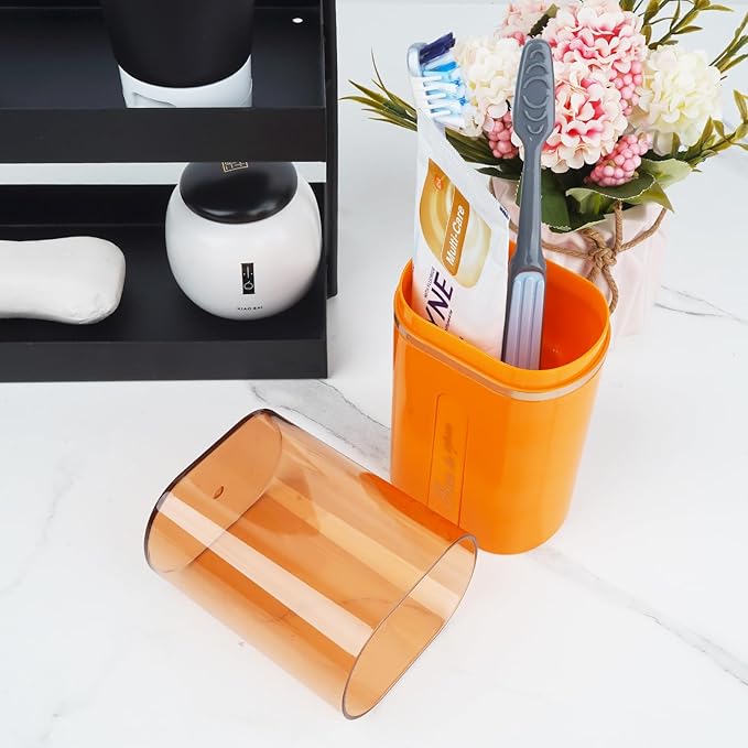 Toothbrush Travel Case, Portable Toothbrush Toothpaste Container with Mouthwash Cup, Wall Mounted Toobrushbrush Holder for Bathroom, Camping, Gym (Orange)