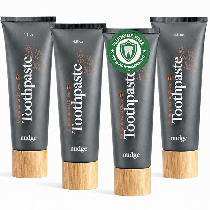 Nudge 10% Nano Hydroxyapatite Toothpaste, Remin+ with Vitamin E, Fluoride-Free, SLS Free, Helps Remineralize Enamel, Supports Sensitive Teeth, Cinnamon and Clove, 4.5 oz (Pack of 4)