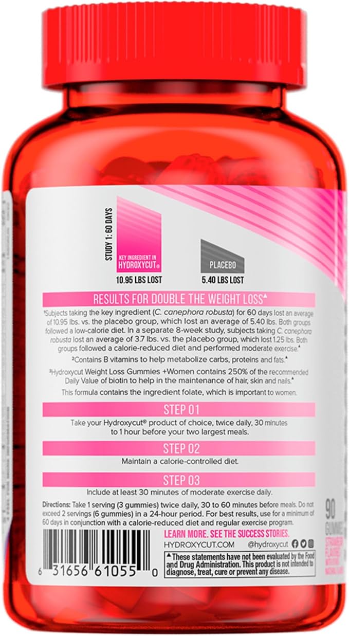 Hydroxycut Gummies +Women, Strawberry - 99% Caffeine Free - Supports Hair, Skin & Nails - Metabolize Carbs, Proteins & Fats-StrideForce Fitness