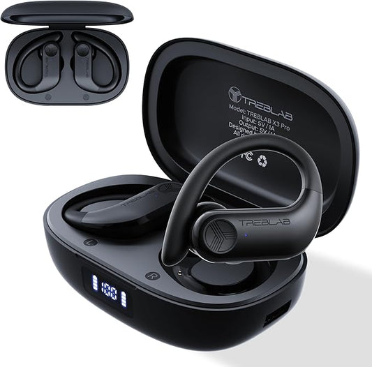 TREBLAB X3 Pro - Workout True Wireless Earbuds, Comfortable Earhooks, Bluetooth 5.3, Punchy Bass, Noise Isolation, 145H Playtime, IPX5 Waterproof, Sweatproof, 2 Mics for Calls, Sport Bluetooth Earbuds-StrideForce Fitness