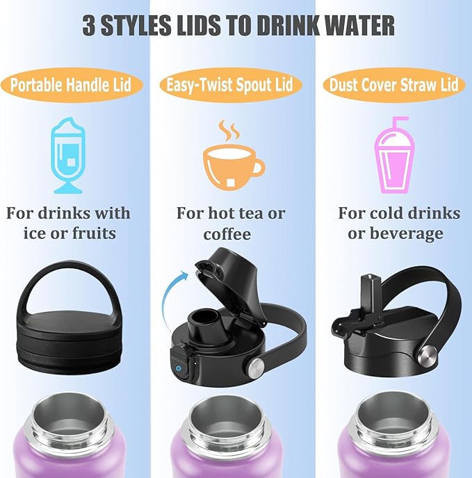 Water Bottle Insulated 32oz 40oz 64oz 128oz Straw Lid Spout Lid & 3 Lids, Leak Proof, Vacuum Insulated,Stainless Steel Water Bottle Wide Mouth for Sports, Gym or Office-StrideForce Fitness