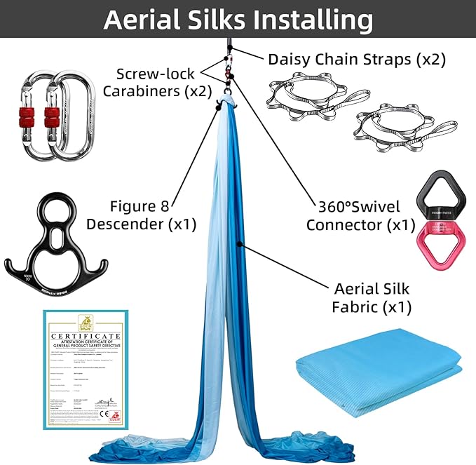 PRIOR FITNESS Aerial Silks Kit Colorful 9/15/20 Yards 40D Nylon Fabric Hammock Set With Hardware & Guide for All Levels Of Aerial Yoga Practice and Acrobatic Flying For Adults Aerial silk-StrideForce Fitness