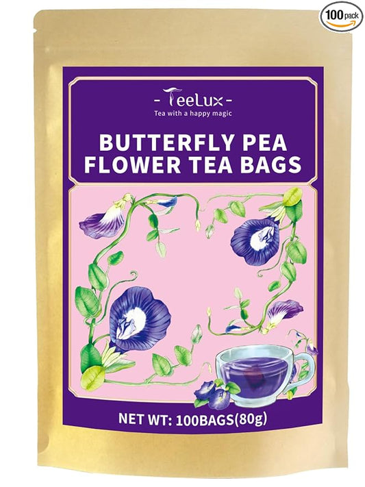 TeeLux Butterfly Pea Flower Tea Bags, Premium Dried Butterfly Pea Flower for Blue & Purple Drinks and Food Coloring, 100 Count