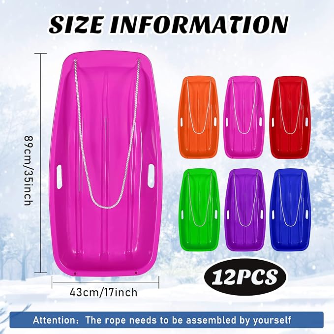 Jerify 12 Pcs 35 in Classic Snow Sled Winter Downhill Sprinter Toboggan with Pull Rope and Handles Plastic Sleds for Kids Adults Snow Sand Board Sleigh, 6 Colors-StrideForce Fitness