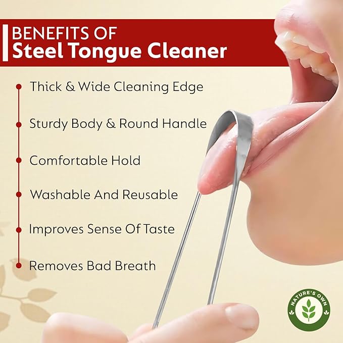 Nature's Own Tongue Scraper for Adults & Kids, Stainless Steel Tongue Cleaner for Fresh Breath, Remove Buildup, Oral Care Tool, Tongue Scrubber for Hygiene, Ayurvedic Tongue Cleaning Kit (Pack of 2)