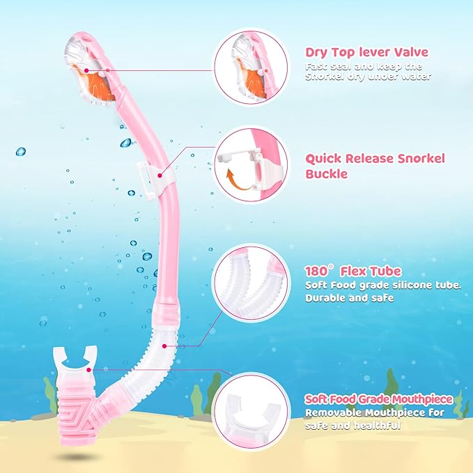 Dry Snorkel for Kids, Ultimate Snorkel Tube for Snorkeling, Freediving & Swimming, Easy-Breath Technology, Top-Mounted Dry Valve & Food-Grade Silicone Mouthpiece-StrideForce Fitness