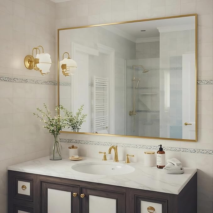 27x40 Inch Brass Bathroom Mirror for Wall, Aluminum Frame Rectangle Rectangular Vanity Mirror, Modern Large for Bedroom, Living Room, Horizontal or Vertical-StrideForce Fitness