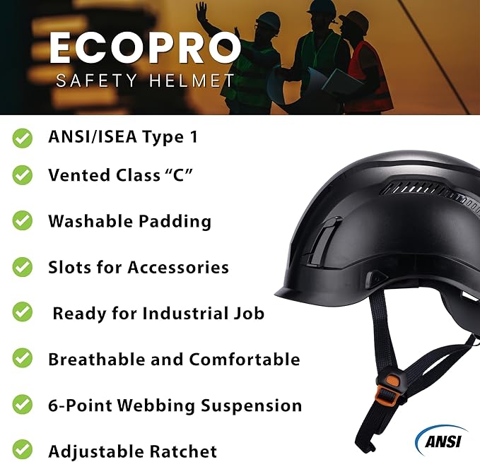 Land Helmets EcoPro Safety Helmet - ANSI/ISEA Z89.1-201 Type 1 Class C Vented - OSHA Approved - Lightweight Helmet with 6 Pt Suspension for Arborist, Industrial & Fall Protection-StrideForce Fitness
