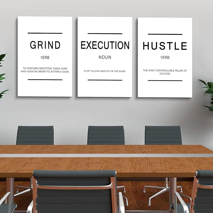 Framed Canvas Wall Art Success Quote - Office Wall Art, White Large Poster, Positive Motivational Set of 3 Prints, Execute Grand Hustle Poster, Inspirational Print (C-3pcs,20x30inchx3pcs)-StrideForce Fitness
