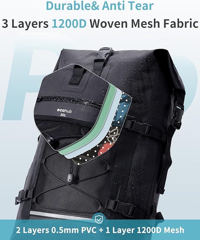 ECOHUB Waterproof Backpack for Women Men, 30L Roll-Top Closure Heavy Duty Dry Bag for Travel with IPX8 Waterproof Phone Case-StrideForce Fitness