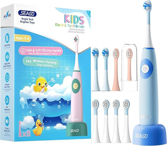SEAGO Kids Electric Toothbrushes for Ages 5-8 with 2 Sizes Soft Brush Heads, Soft Silicone Handle, 2-Min Timer, IPX7 Waterproof, 35000VPM, Rechargeable 70 Day Battery Life with Charging Base (Blue)