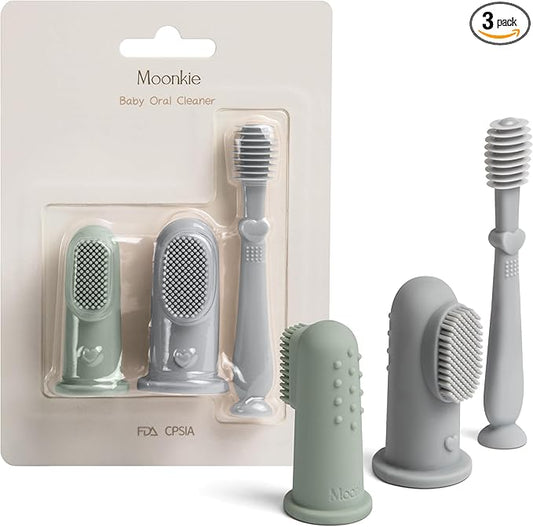 Moonkie Baby Finger Toothbrush Tongue Oral Cleaner Kit for 3 Months +, 3 Pcs (Blue/Mint/Blue)
