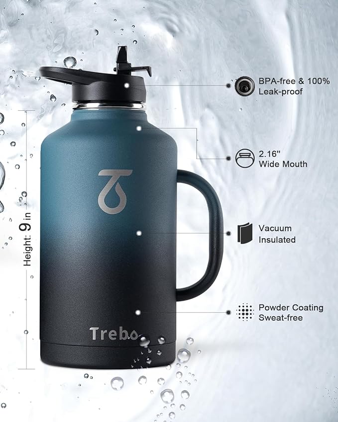 Trebo 64 oz Water Bottle Insulated with Handle, Half Gallon Stainless Steel Metal Large Jug, Travel Flask with Straw Spout Lid, Mug Tumbler Cup with Carry Pouch, Keep Cold Hot, Indigo Black-StrideForce Fitness