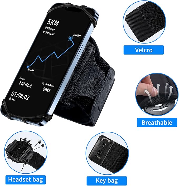 Wristband Phone Holder for Running, 360°Rotation & Detachable Sports Armband with Key Holder for iPhone 16/15/14/13/12/11/Pro/XS/XR/X/8/7/6/Plus, for Samsung Galaxy, Fits 4''-6.5''Phone-StrideForce Fitness