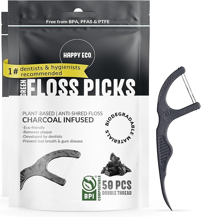 Floss Picks Biodegradable (100pcs) - Plant Based Dental Floss Picks, Natural Flossers for Adults & Kids, Nontoxic Vegan Tooth Pick Flossers & Eco Floss Sticks - Double Thread Charcoal