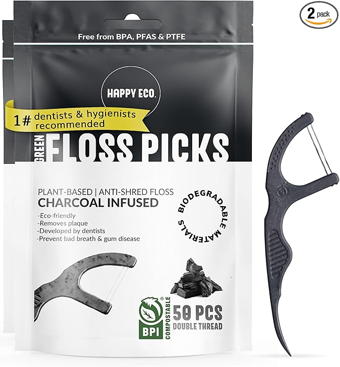 Floss Picks Biodegradable (100pcs) - Plant Based Dental Floss Picks, Natural Flossers for Adults & Kids, Nontoxic Vegan Tooth Pick Flossers & Eco Floss Sticks - Double Thread Charcoal