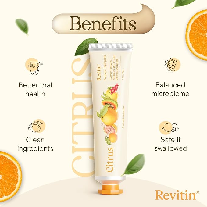 Revitin Toothpaste | Fluoride-Free Prebiotic Citrus Tooth Gel | No SLS, Gluten Free, Dye Free, GMO Free, No Sweeteners | Non-Toxic, Kid Approved, Pack of 3