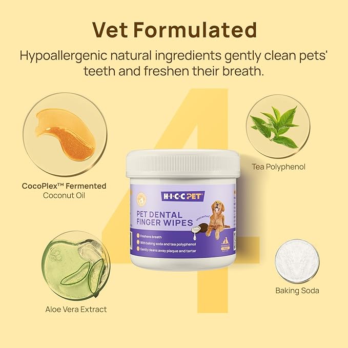 HICC Pet Teeth Cleaning Wipes for Dogs & Cats, Vet-Recommended Remove Bad Breath & Plaque & Tartar Buildup, Dog Tooth Brushing Kit, Dog Breath Freshener, Dogs Toothbrush & Toothpaste Alternatives