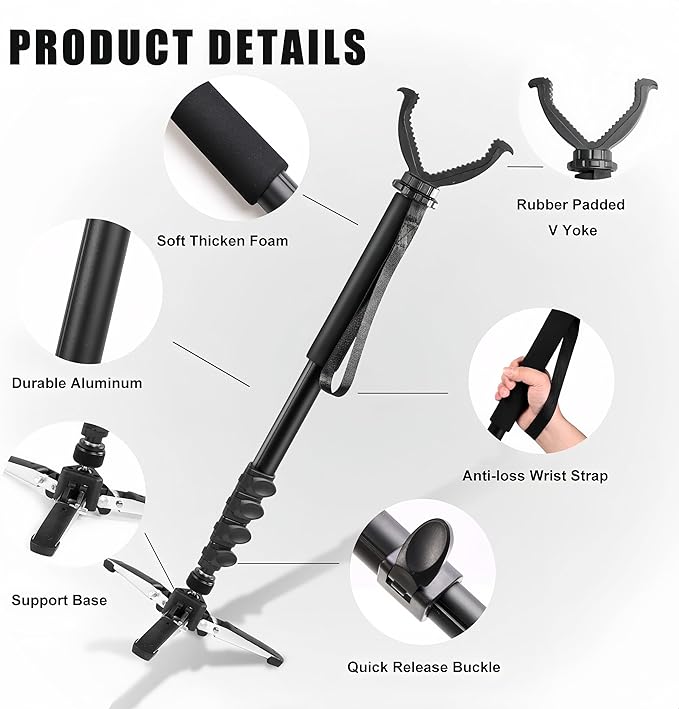 Shooting Stick with V Yoke, 22-62 inches Adjustable Aluminum Shooting Monopod for Hunting Rifles-StrideForce Fitness