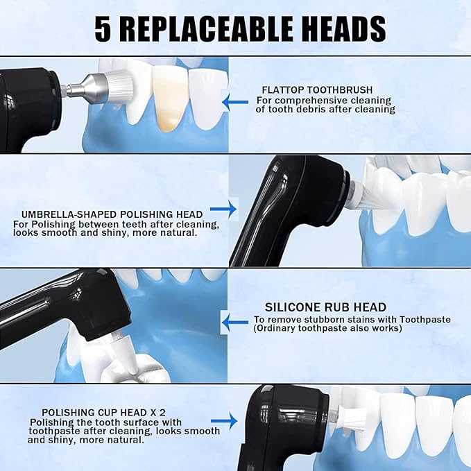 Tooth Polisher - Plaque Remover for Teeth Tooth Polisher with LED Light 5 Speed Modes with Teeth Cleaning Kit 5 Replacement Brush Heads，Teeth Whitener for Daily Cleaning