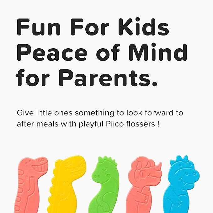 Piico No Flavor Kids Floss - No Fluoride Dual Line Dental Floss Picks - Fun Oral Care in Colorful Floss Sticks Design - Kids Flossers Prevent Tooth Decay & Gum Disease - 150 Homebox Dino & Travel Case