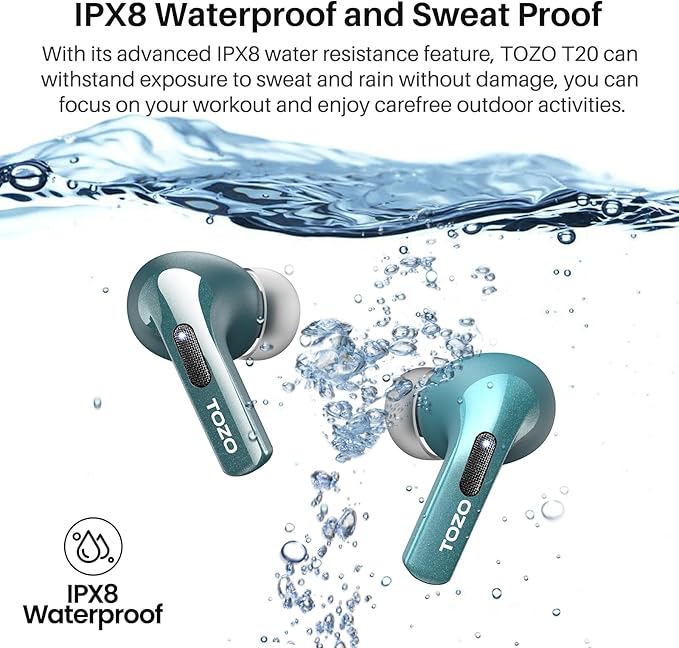 TOZO T20 Wireless Earbuds Bluetooth Headphones 48.5 Hrs Playtime with LED Digital Display, IPX8 Waterproof, Dual Mic Call Noise Cancelling 10mm Broad Range Speakers with Wireless Charging Case Green-StrideForce Fitness