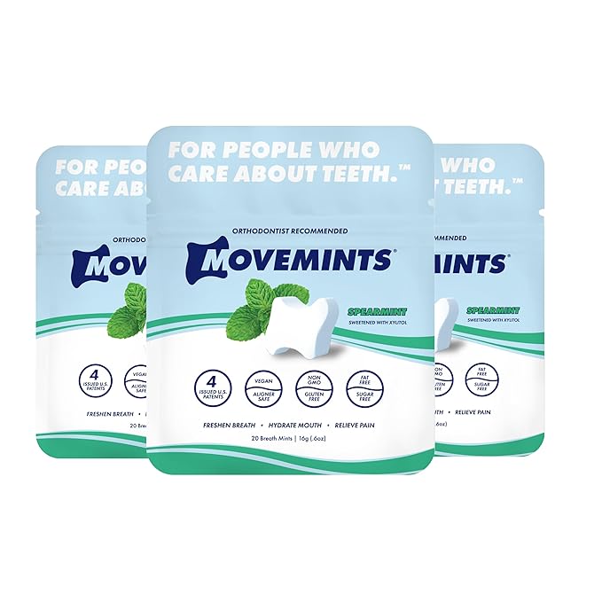 Movemints Clear Aligner Mints - Patented, Edible Alternative to Chewies - Freshen Breath and Improve Dry Mouth with Xylitol - Spearmint (3 Pack)