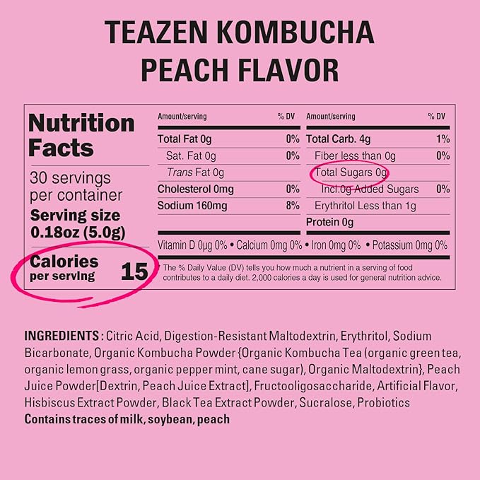 TEAZEN Peach Kombucha Tea, Hydration Drink Mix, Sugar Free, Live Probiotics & Prebiotics, 30 Sticks, 5.29oz-StrideForce Fitness