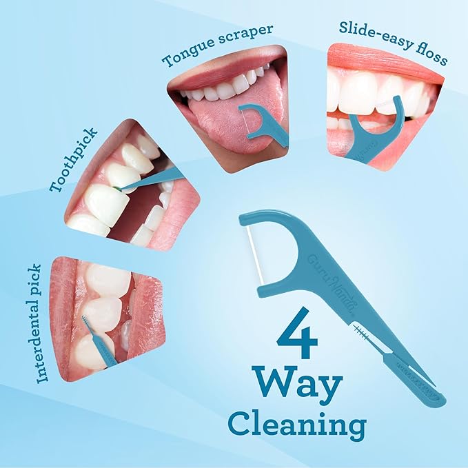 GuruNanda Quad Clean Floss Picks 4-in-1 with Tongue Scraper, Interdental Pik & Toothpick, Non-Shred Dyneema Thread, with Xylitol & Baking Soda, 300 ct