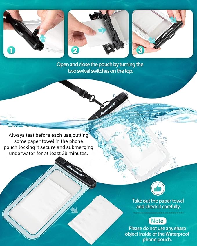 Hiearcool Waterproof Phone Pouch, Water Proof Phone Case for iPhone, Waterproof Cell Phone Dry Bag for Cruise Travel Vacation Essentials Large Waterproof Phone Holder 4 Pack-Black&Clear-StrideForce Fitness