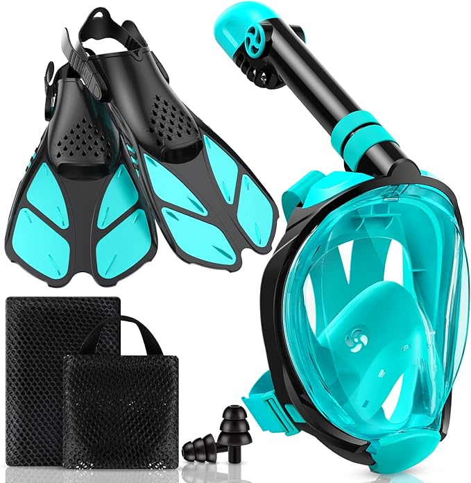 Mask Fins Snorkeling Gear for Adults, Full Face Snorkel Mask & Adjustable Swim Fins Snorkel Set, Panoramic View Snorkel Mask Dry Top Anti-Fog Anti-Leak-StrideForce Fitness