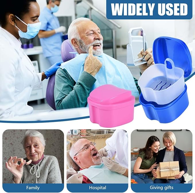 2 Pack Denture Bath Case Cup Box Holder Storage Container with Denture Cleaner Brush Strainer Basket for Travel Cleaning (Blue and Pink)