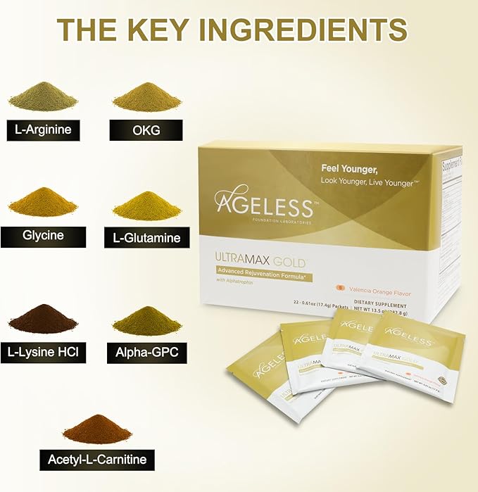 Ageless UltraMAX Gold - HGH Anti-Aging Supplement for Women & Men - Rejuvenates Skin, Restores Youthful Appearance, Boosts Energy & Sleep, Effervescent Powder - Valencia Orange Flavor - 22 Packets-StrideForce Fitness