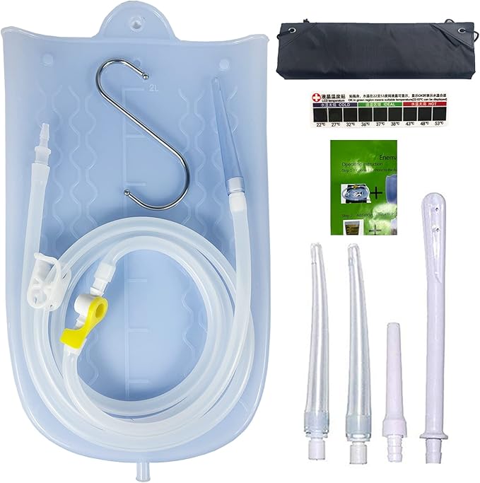 Silicone Enema Bag Kit with 6.3ft Hose, 5 Enema Tips, Controllable Flow Valve and Water Thermometer - 2 Quart Capacity Coffee enemas for Colon Cleanse-StrideForce Fitness